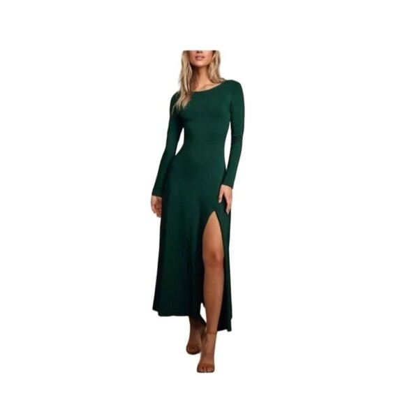 Lulus Swept Away Forest Green Long Sleeve Maxi Dress With Side Slit Classy NWT